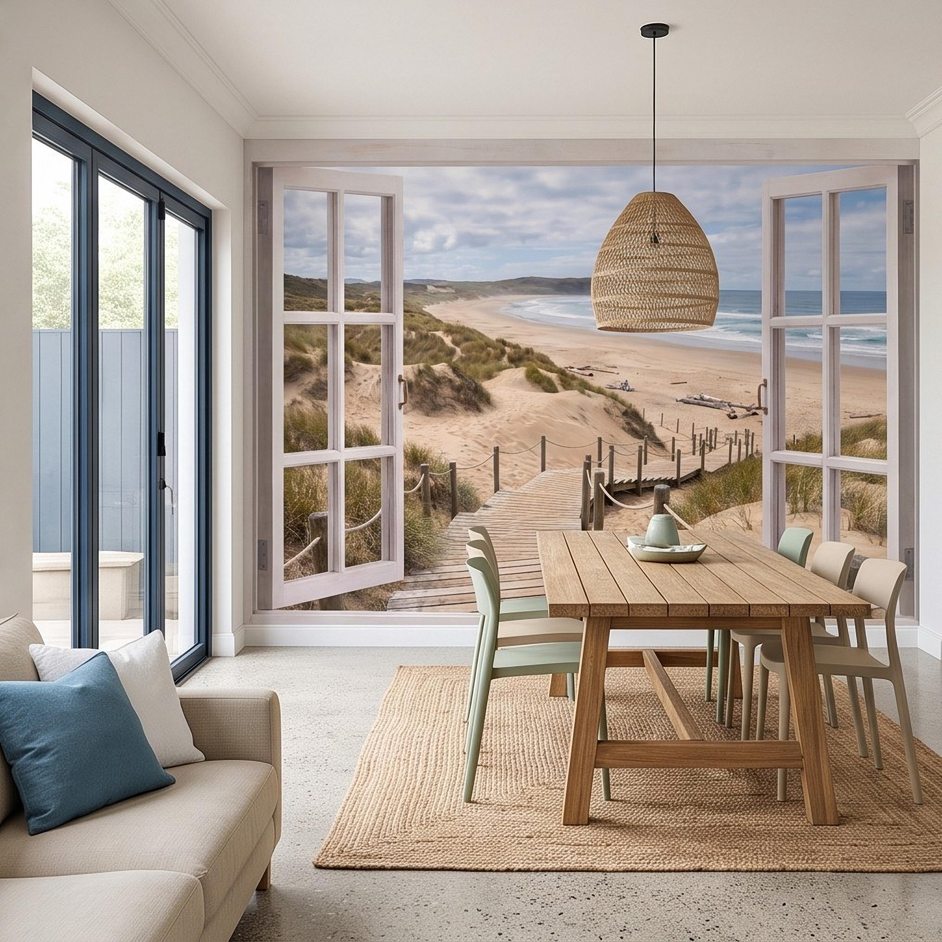 Beach Window View Peel and Stick Wall Mural, Coastal Ocean Dunes Wooden Boardwalk Seaside Landscape Scenic Escape Wallpaper