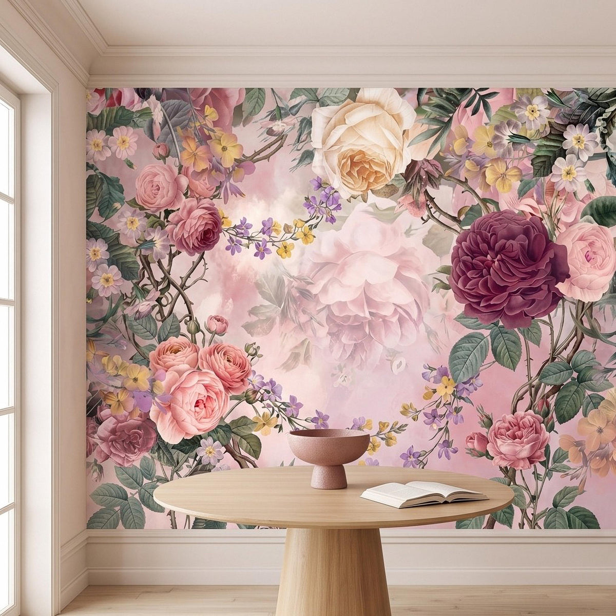 Floral watercolor wall mural showing pink rose clusters with small purple wildflower accents