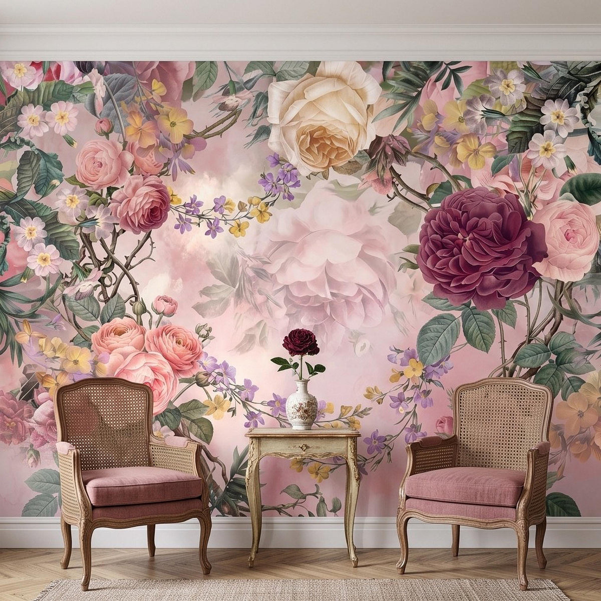 Floral watercolor wall mural with pink, cream, and purple roses and wildflowers on branches