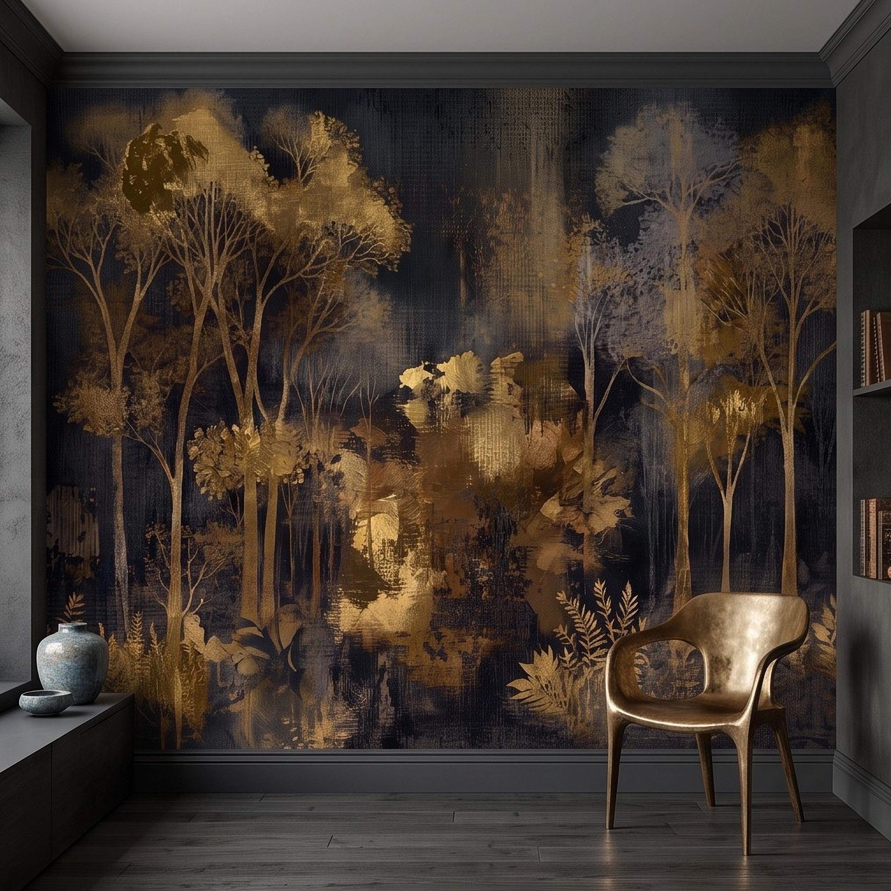 Abstract Forest Peel and Stick Wall Mural, Moody Woodland Gold Trees Dark Nature Textured Modern Luxury Wallpaper