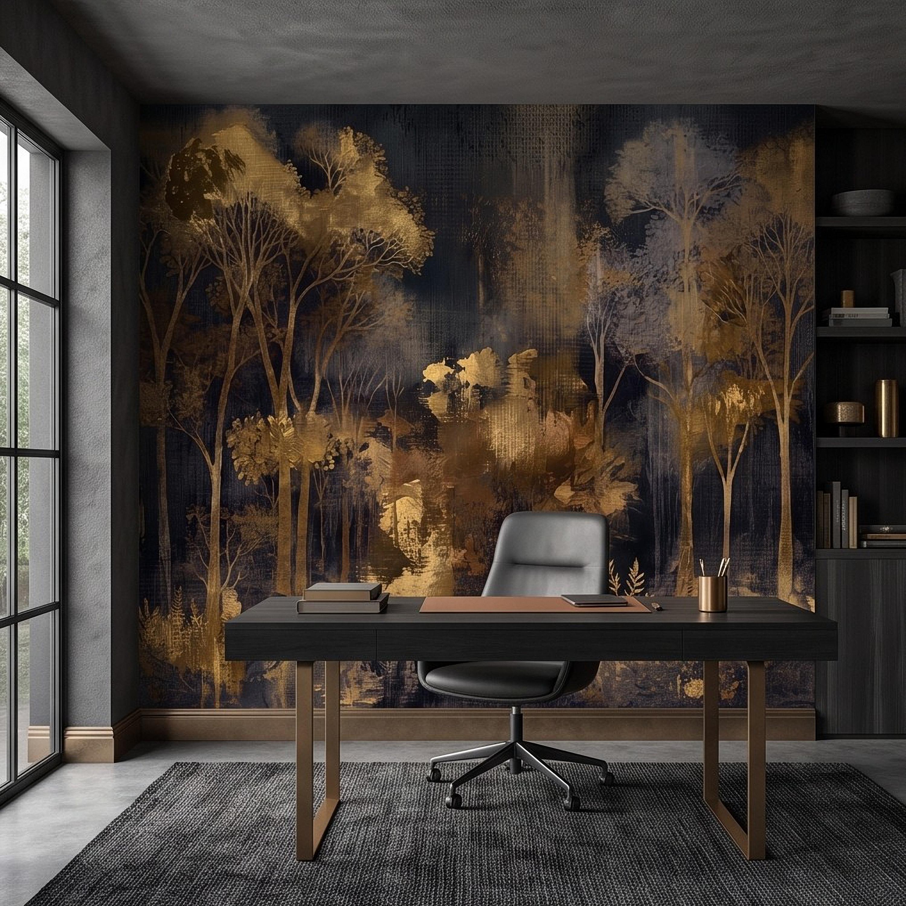 Abstract Forest Peel and Stick Wall Mural, Moody Woodland Gold Trees Dark Nature Textured Modern Luxury Wallpaper