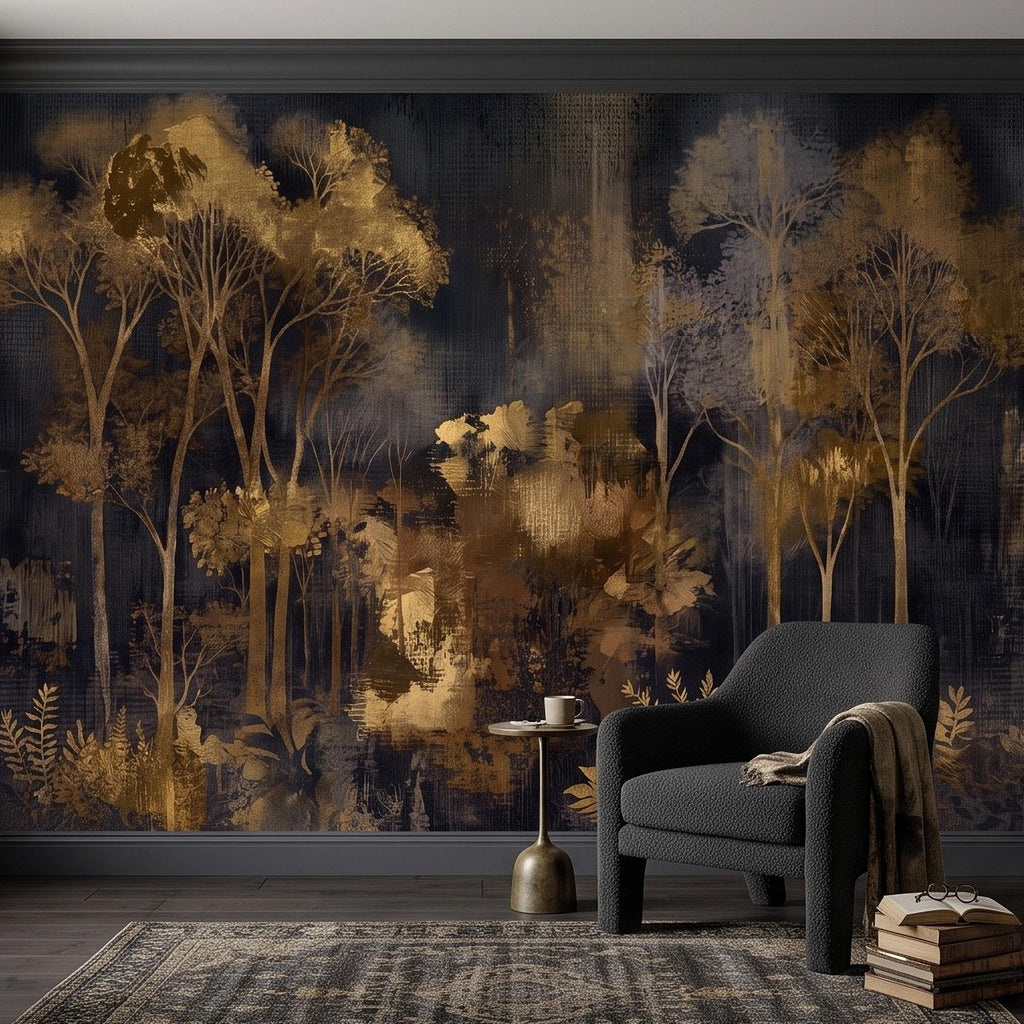 Abstract Forest Peel and Stick Wall Mural, Moody Woodland Gold Trees Dark Nature Textured Modern Luxury Wallpaper