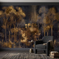 Abstract Forest Peel and Stick Wall Mural, Moody Woodland Gold Trees Dark Nature Textured Modern Luxury Wallpaper