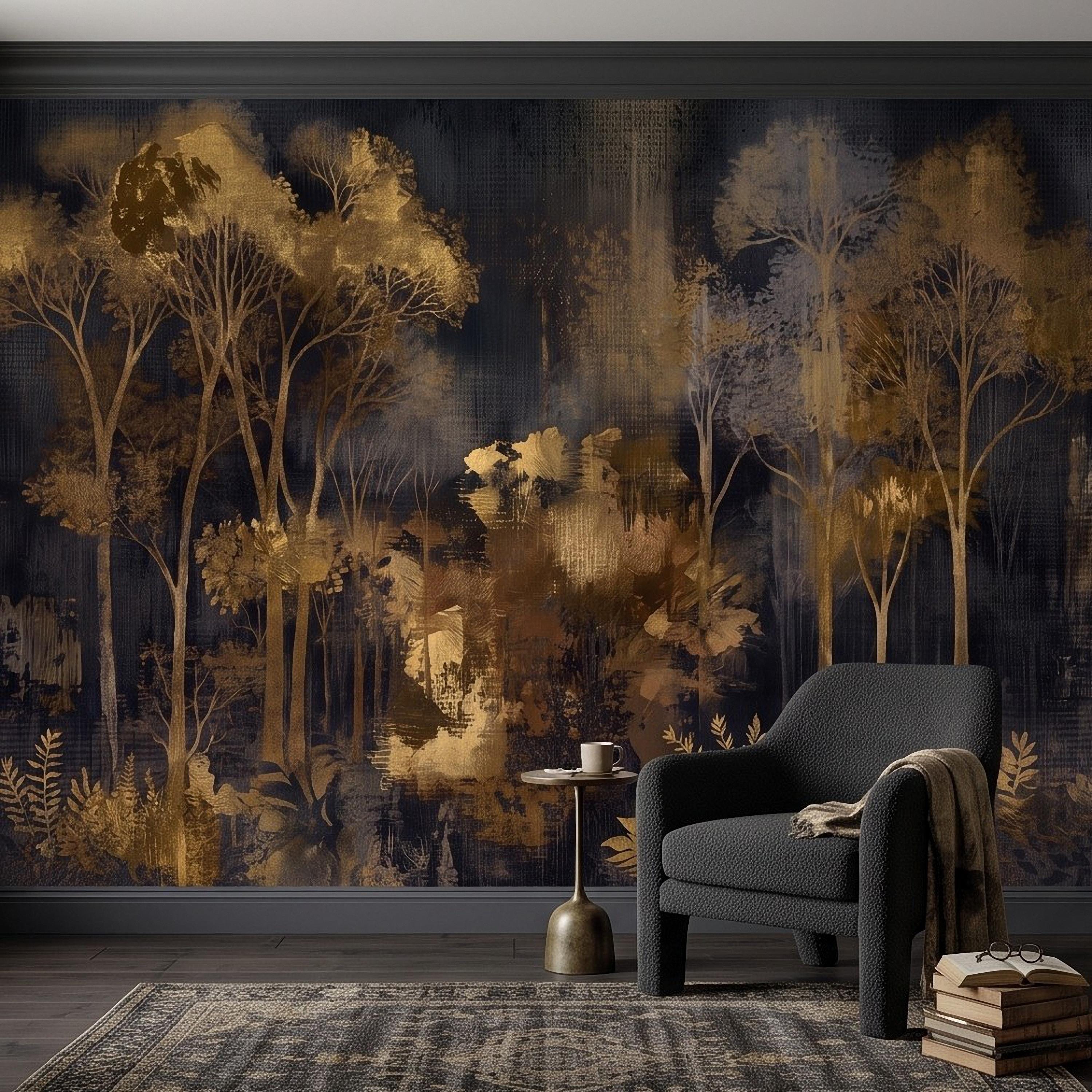 Abstract Forest Peel and Stick Wall Mural, Moody Woodland Gold Trees Dark Nature Textured Modern Luxury Wallpaper