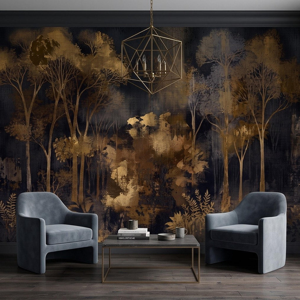 Abstract Forest Peel and Stick Wall Mural, Moody Woodland Gold Trees Dark Nature Textured Modern Luxury Wallpaper
