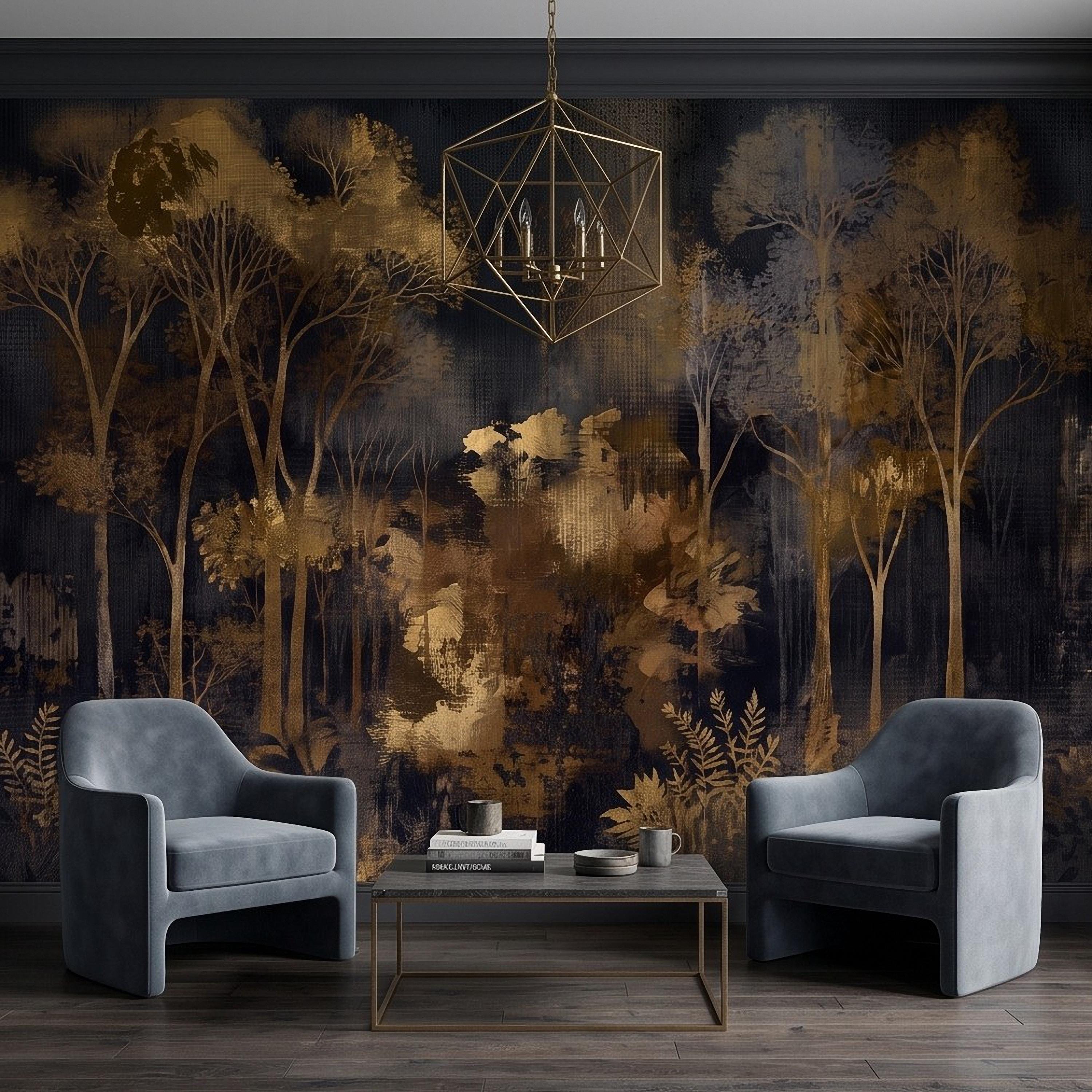 Abstract Forest Peel and Stick Wall Mural, Moody Woodland Gold Trees Dark Nature Textured Modern Luxury Wallpaper