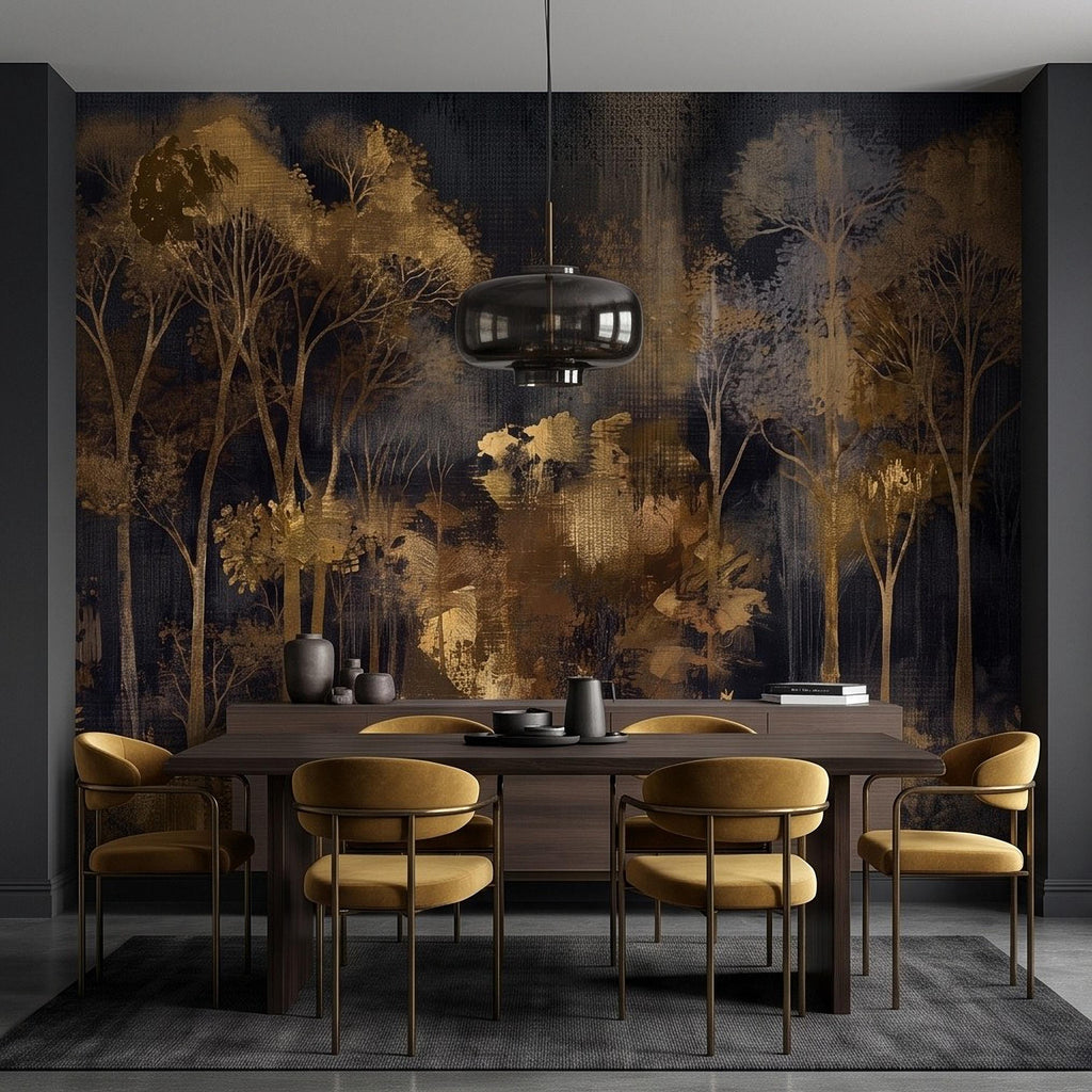 Abstract Forest Peel and Stick Wall Mural, Moody Woodland Gold Trees Dark Nature Textured Modern Luxury Wallpaper
