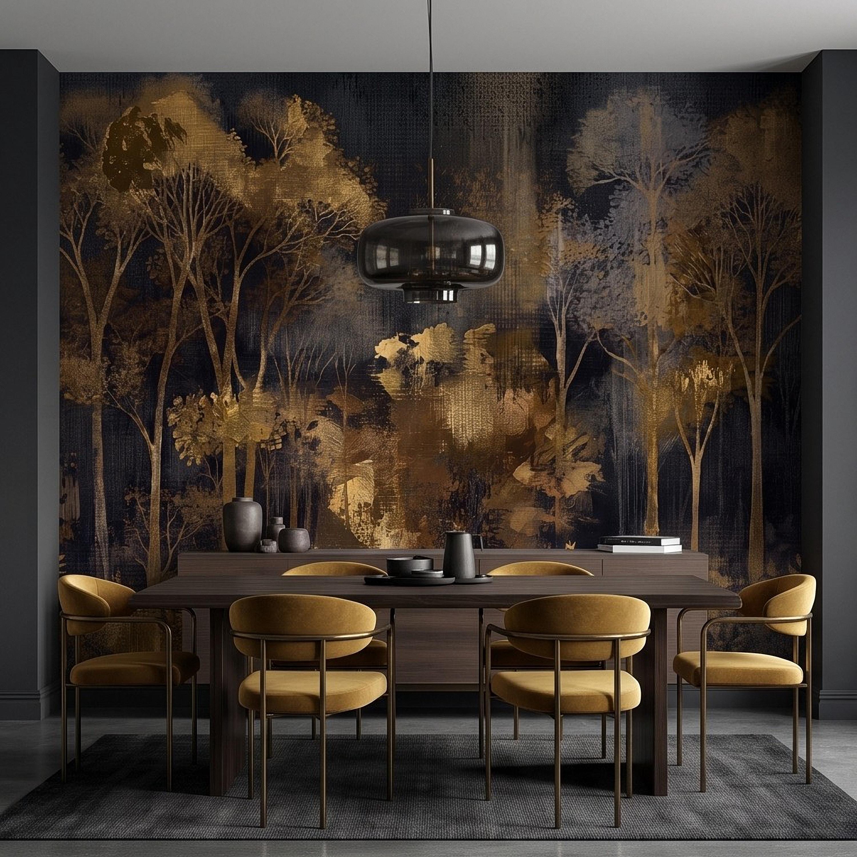 Abstract Forest Peel and Stick Wall Mural, Moody Woodland Gold Trees Dark Nature Textured Modern Luxury Wallpaper