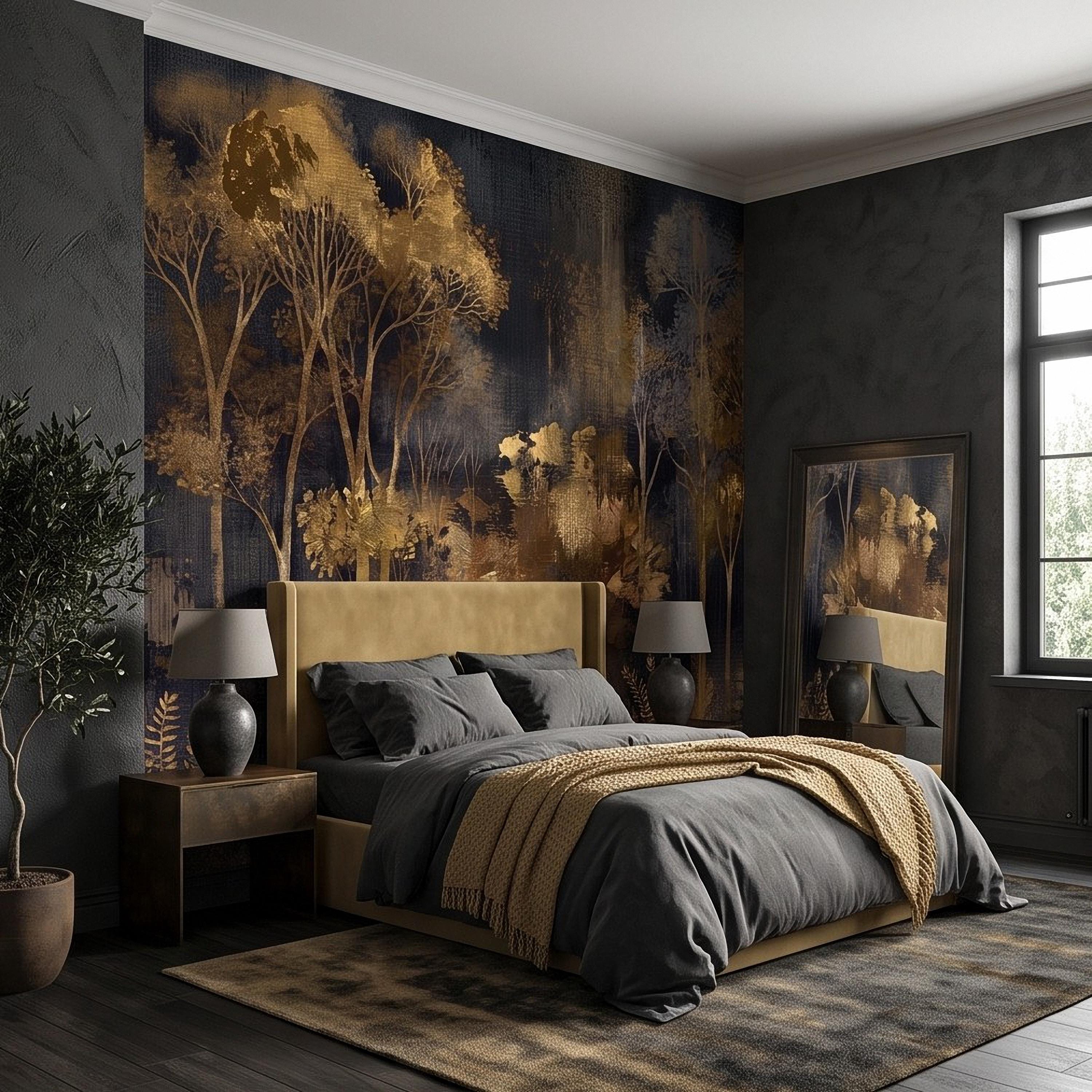 Abstract Forest Peel and Stick Wall Mural, Moody Woodland Gold Trees Dark Nature Textured Modern Luxury Wallpaper