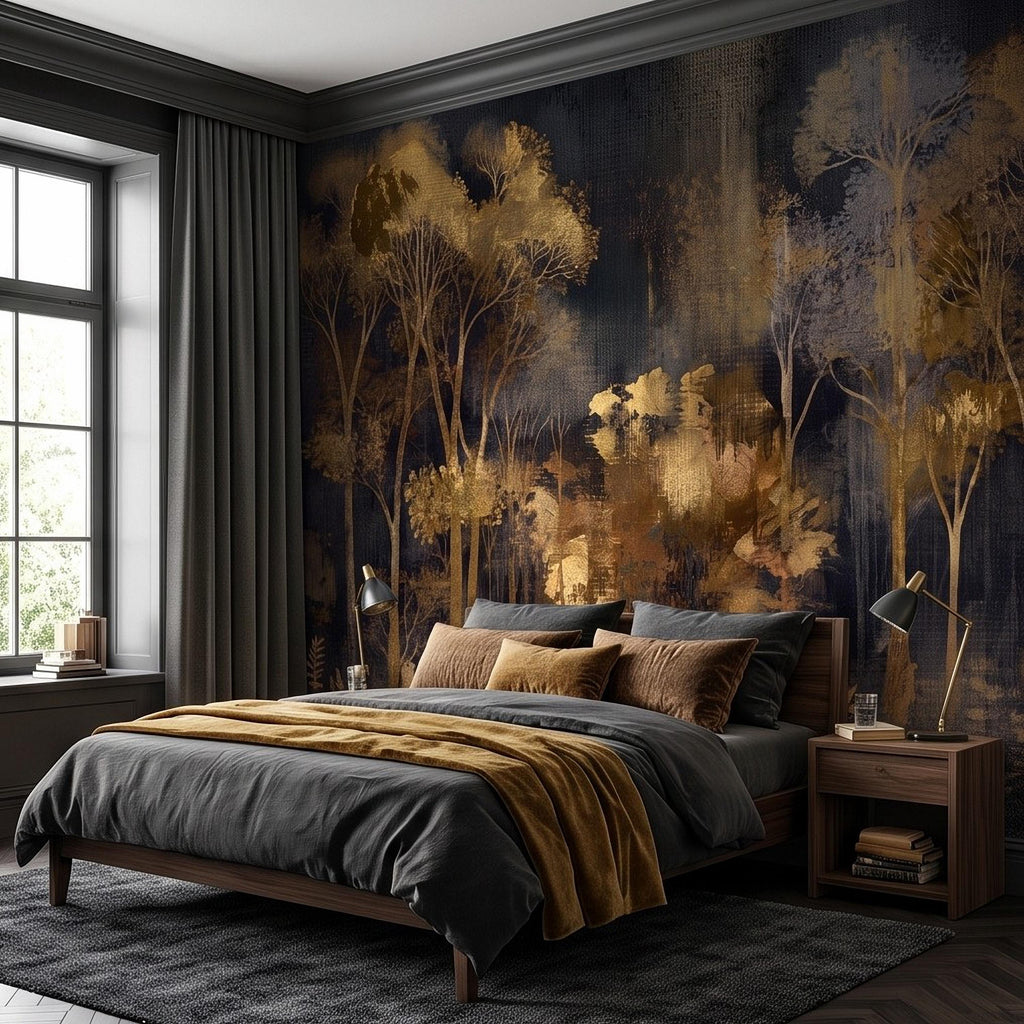 Abstract Forest Peel and Stick Wall Mural, Moody Woodland Gold Trees Dark Nature Textured Modern Luxury Wallpaper
