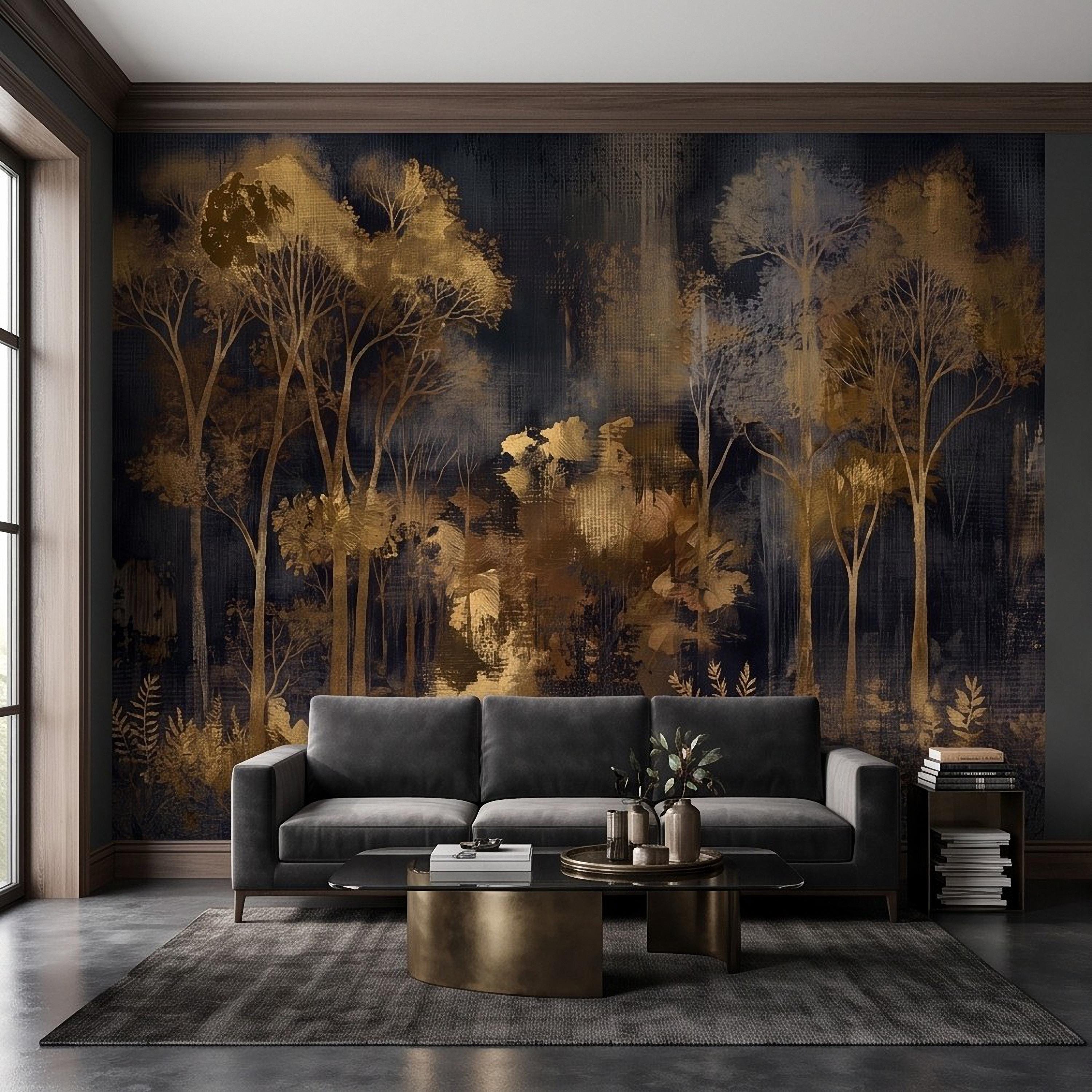 Abstract Forest Peel and Stick Wall Mural, Moody Woodland Gold Trees Dark Nature Textured Modern Luxury Wallpaper
