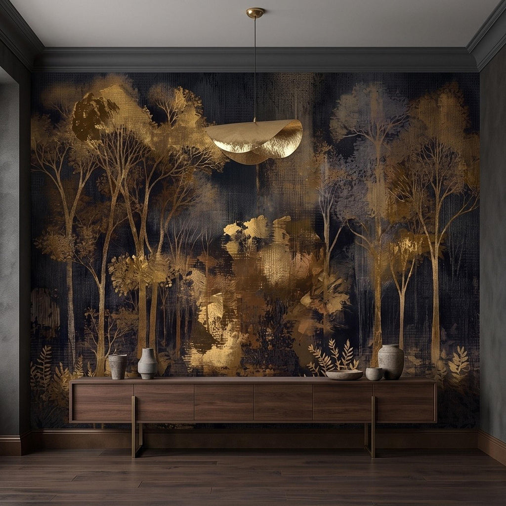 Abstract Forest Peel and Stick Wall Mural, Moody Woodland Gold Trees Dark Nature Textured Modern Luxury Wallpaper