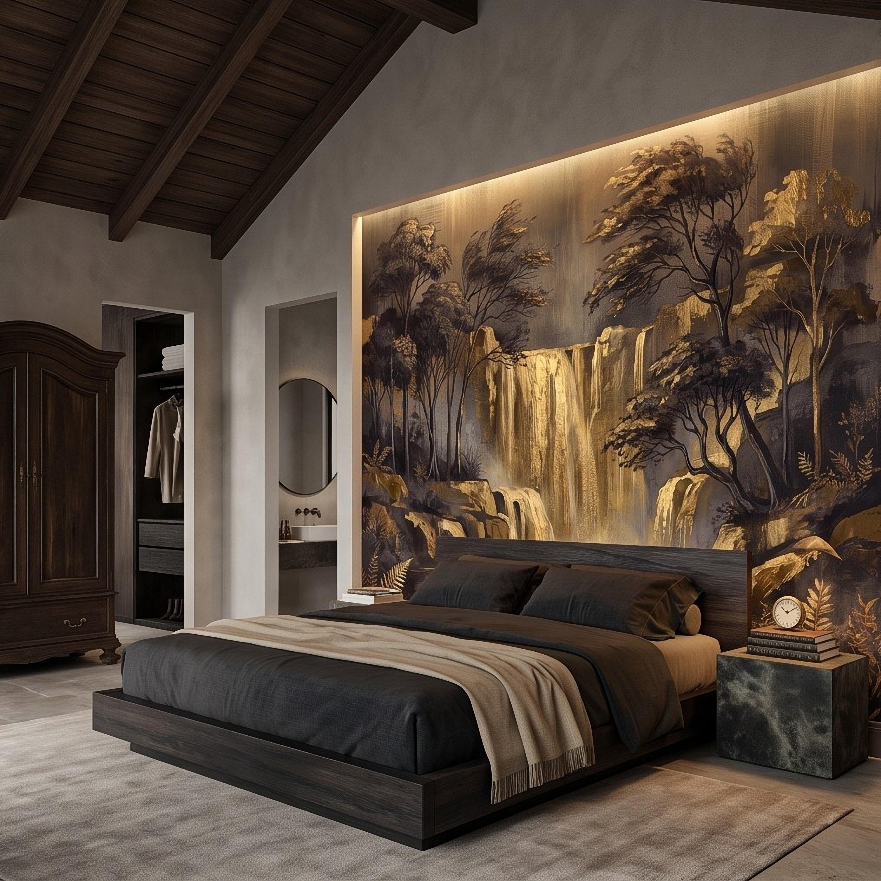 Abstract Waterfall Peel and Stick Wall Mural, Moody Forest Golden Waterfall Dark Woodland Nature Landscape Luxury Wallpaper