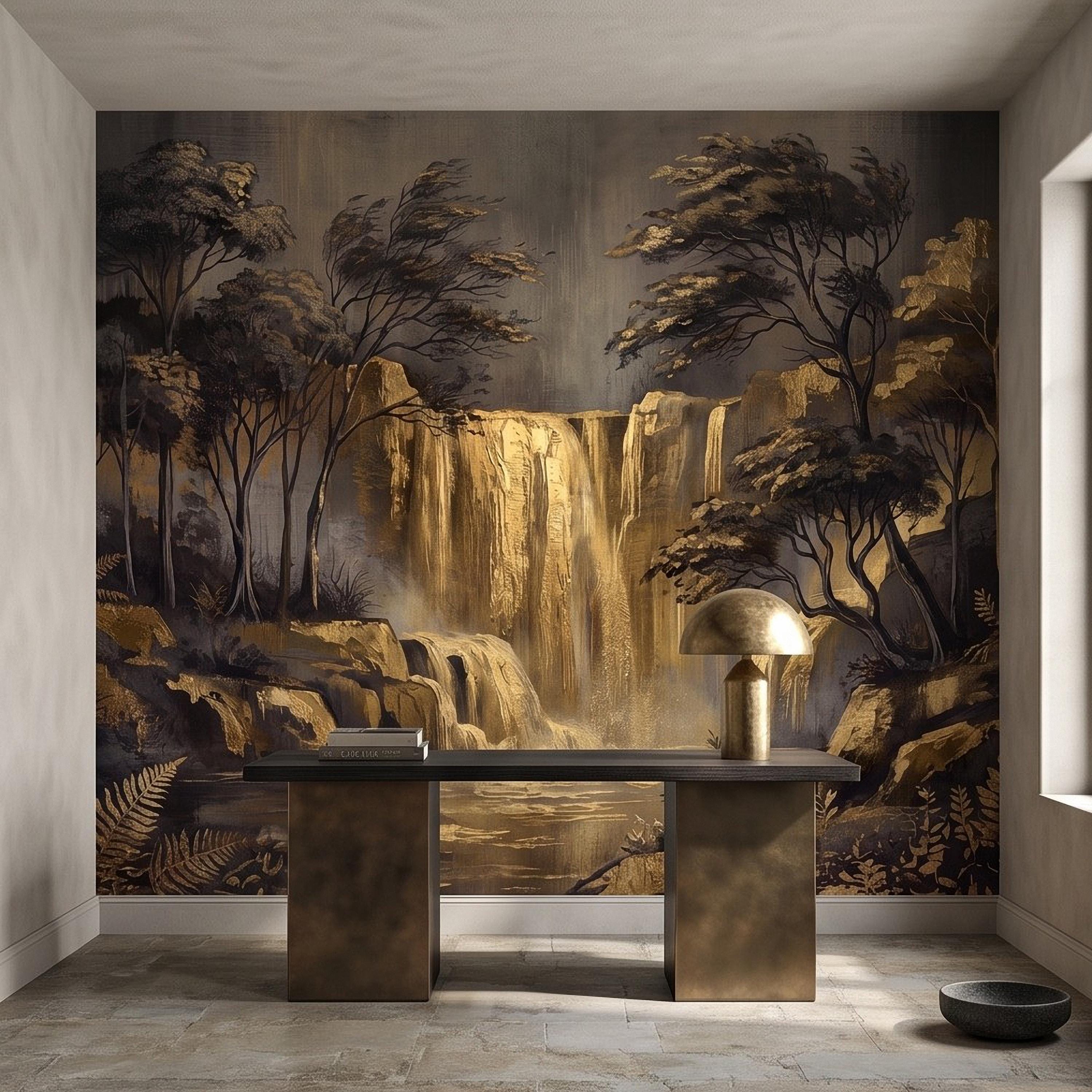 Abstract Waterfall Peel and Stick Wall Mural, Moody Forest Golden Waterfall Dark Woodland Nature Landscape Luxury Wallpaper