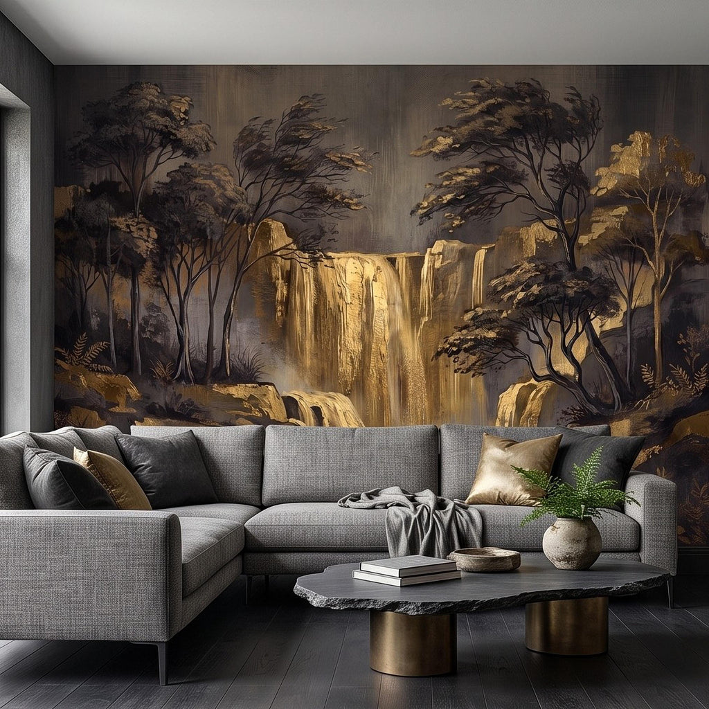 Abstract Waterfall Peel and Stick Wall Mural, Moody Forest Golden Waterfall Dark Woodland Nature Landscape Luxury Wallpaper