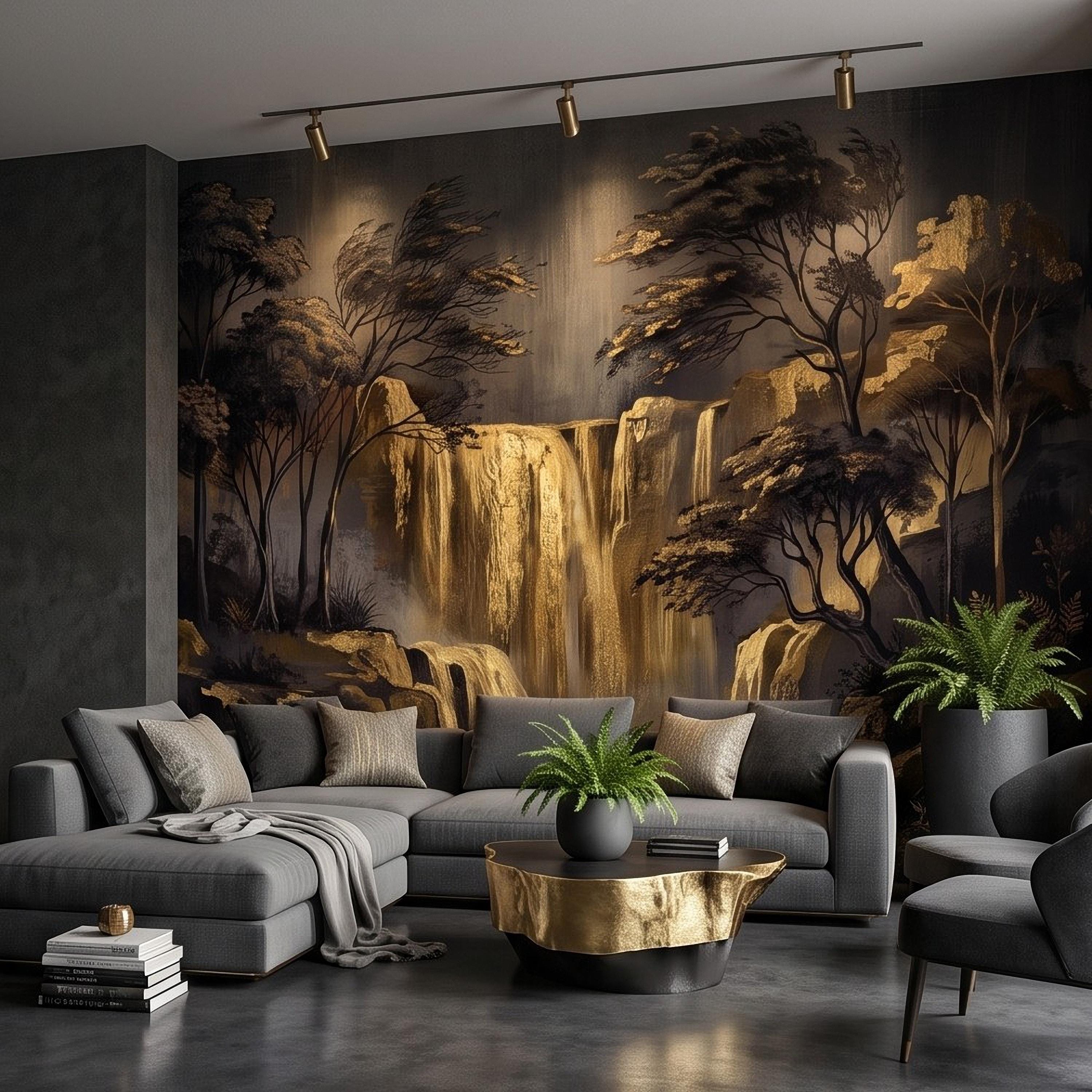 Abstract Waterfall Peel and Stick Wall Mural, Moody Forest Golden Waterfall Dark Woodland Nature Landscape Luxury Wallpaper