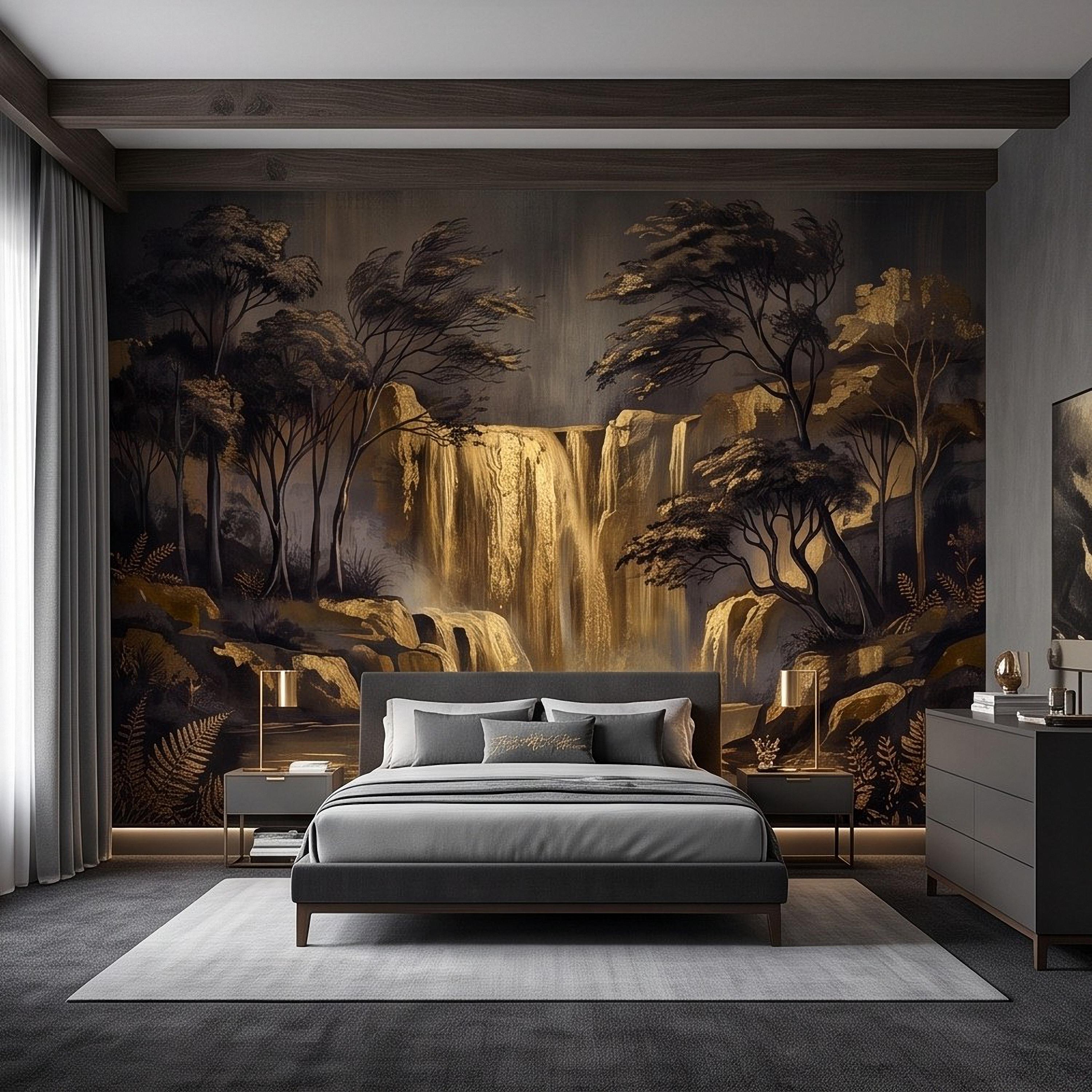 Abstract Waterfall Peel and Stick Wall Mural, Moody Forest Golden Waterfall Dark Woodland Nature Landscape Luxury Wallpaper