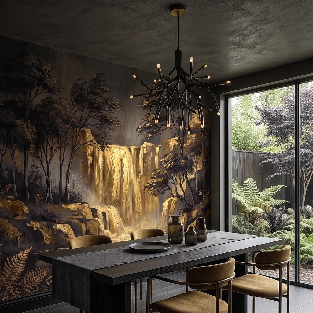 Abstract Waterfall Peel and Stick Wall Mural, Moody Forest Golden Waterfall Dark Woodland Nature Landscape Luxury Wallpaper