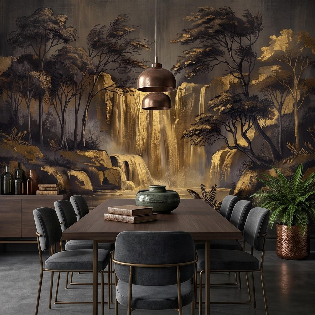 Abstract Waterfall Peel and Stick Wall Mural, Moody Forest Golden Waterfall Dark Woodland Nature Landscape Luxury Wallpaper