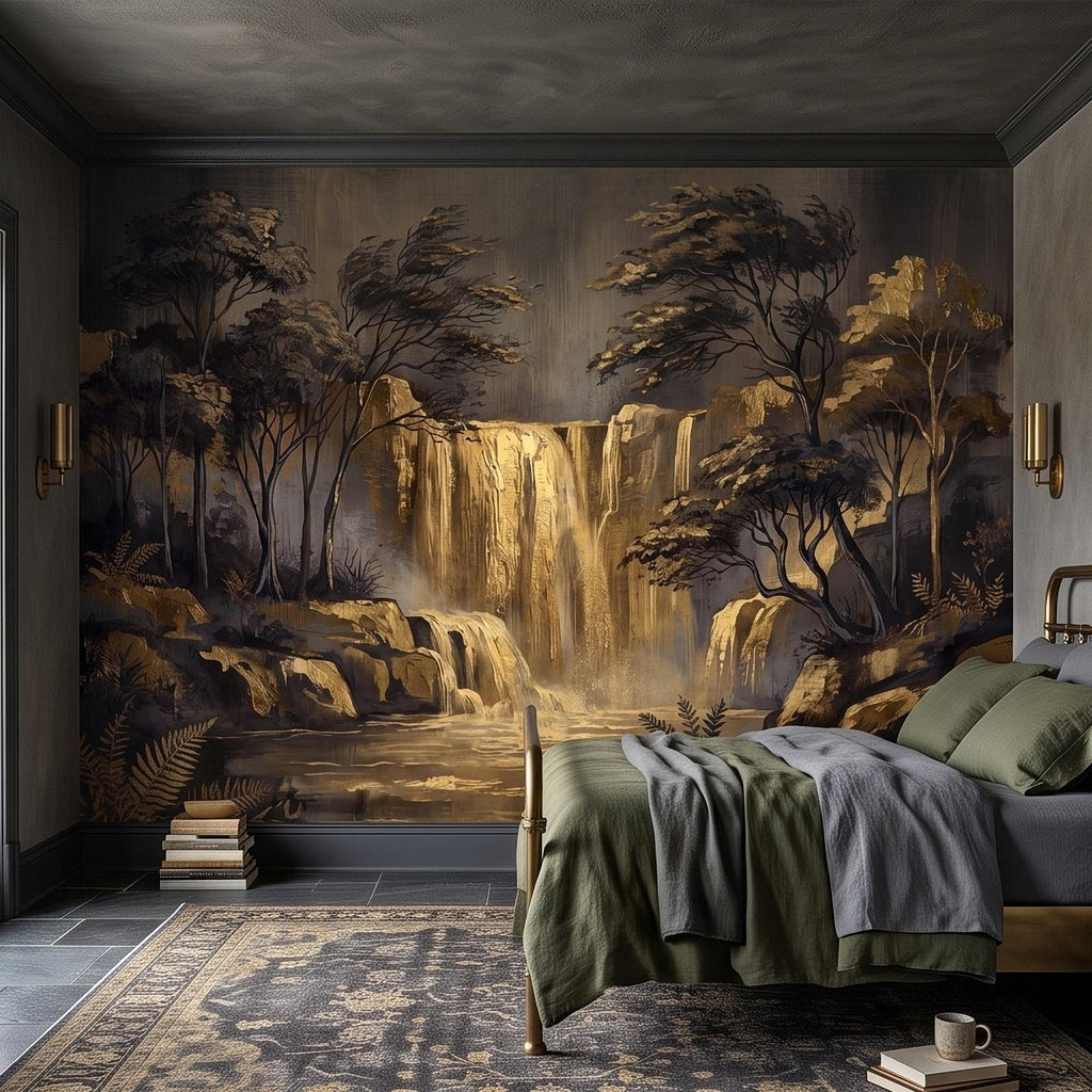 Abstract Waterfall Peel and Stick Wall Mural, Moody Forest Golden Waterfall Dark Woodland Nature Landscape Luxury Wallpaper