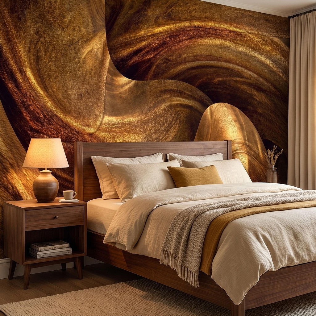 Abstract Wood Grain Peel and Stick Wall Mural, Sculptural Organic Curves, Flowing Timber Texture Contemporary Wallpaper