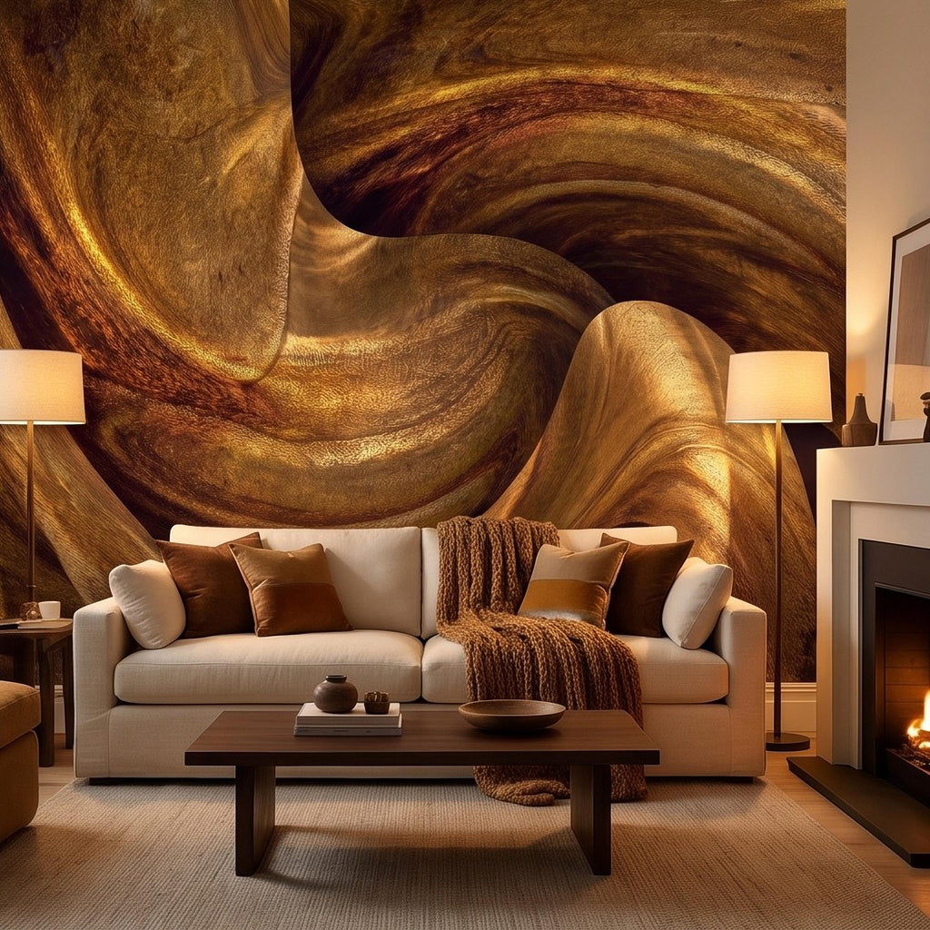 Abstract Wood Grain Peel and Stick Wall Mural, Sculptural Organic Curves, Flowing Timber Texture Contemporary Wallpaper