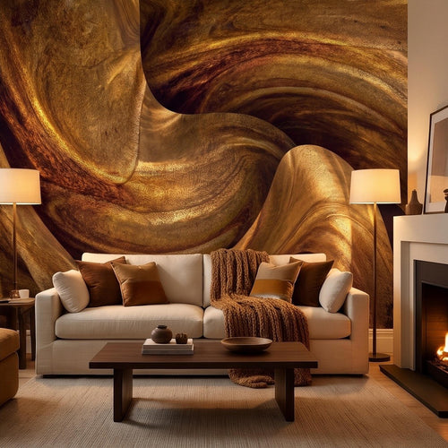 Abstract wood grain wall mural featuring flowing swirls in warm golden and dark brown.