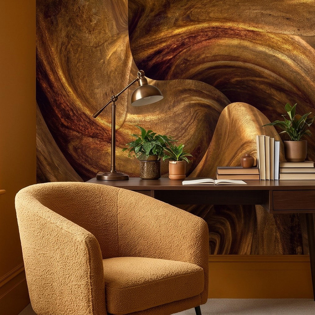 Abstract Wood Grain Peel and Stick Wall Mural, Sculptural Organic Curves, Flowing Timber Texture Contemporary Wallpaper