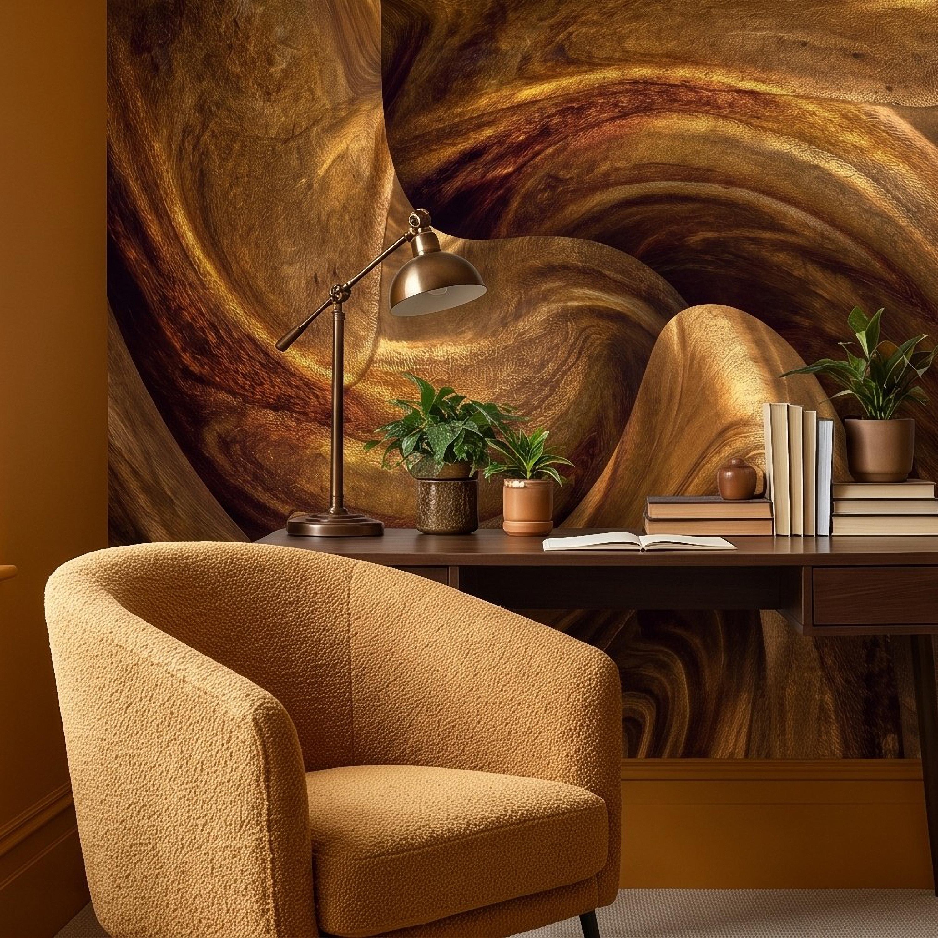 Abstract Wood Grain Peel and Stick Wall Mural, Sculptural Organic Curves, Flowing Timber Texture Contemporary Wallpaper
