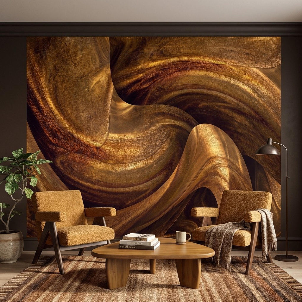 Abstract Wood Grain Peel and Stick Wall Mural, Sculptural Organic Curves, Flowing Timber Texture Contemporary Wallpaper