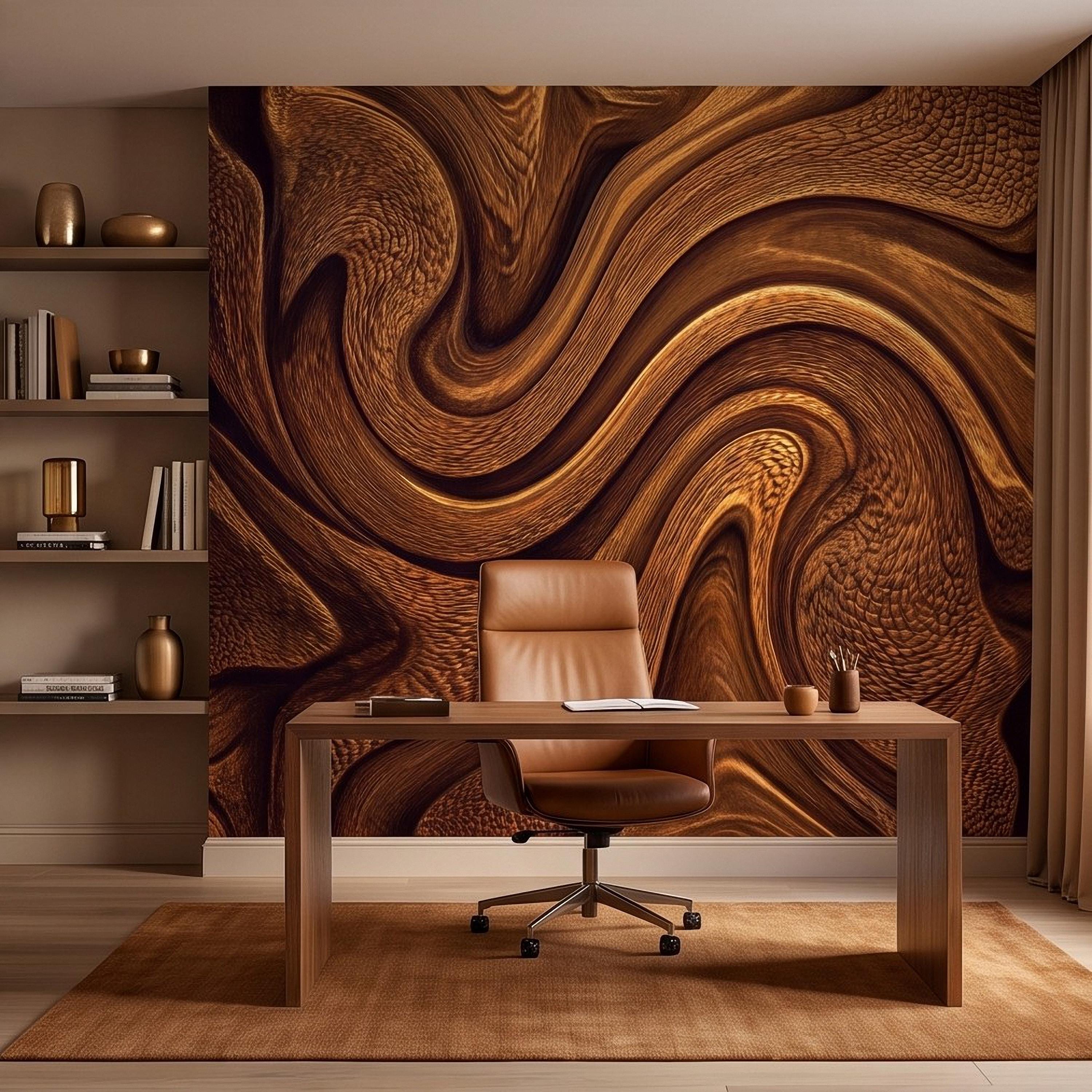 Abstract Wood Texture Peel and Stick Wall Mural, Flowing Sculptural Grain, Organic Timber Waves Contemporary Wallpaper