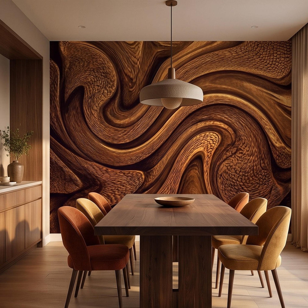 Abstract Wood Texture Peel and Stick Wall Mural, Flowing Sculptural Grain, Organic Timber Waves Contemporary Wallpaper