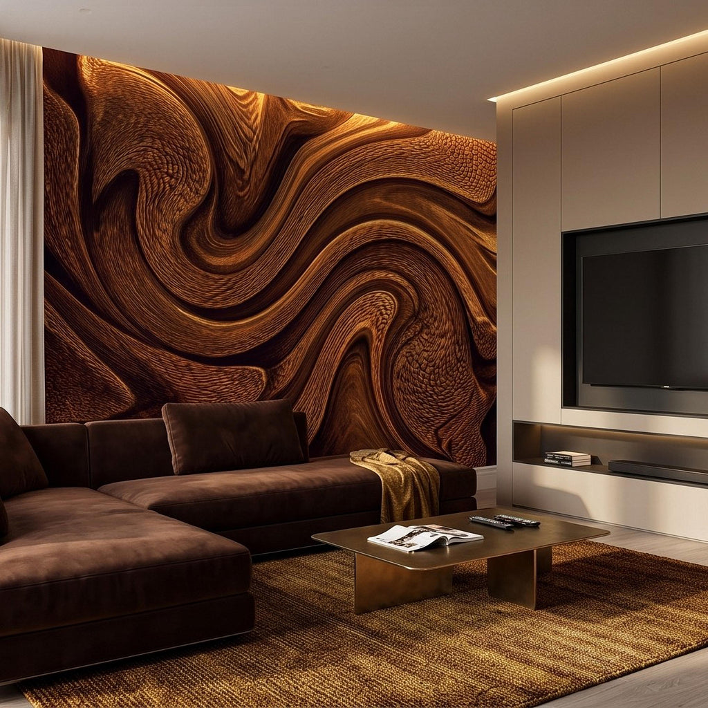 Abstract Wood Texture Peel and Stick Wall Mural, Flowing Sculptural Grain, Organic Timber Waves Contemporary Wallpaper