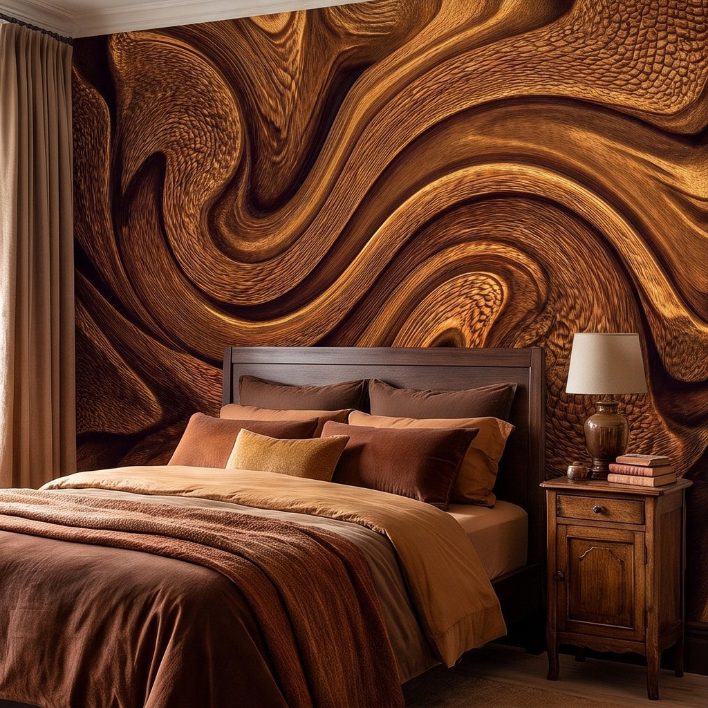 Abstract Wood Texture Peel and Stick Wall Mural, Flowing Sculptural Grain, Organic Timber Waves Contemporary Wallpaper