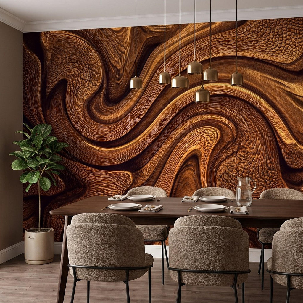 Abstract Wood Texture Peel and Stick Wall Mural, Flowing Sculptural Grain, Organic Timber Waves Contemporary Wallpaper