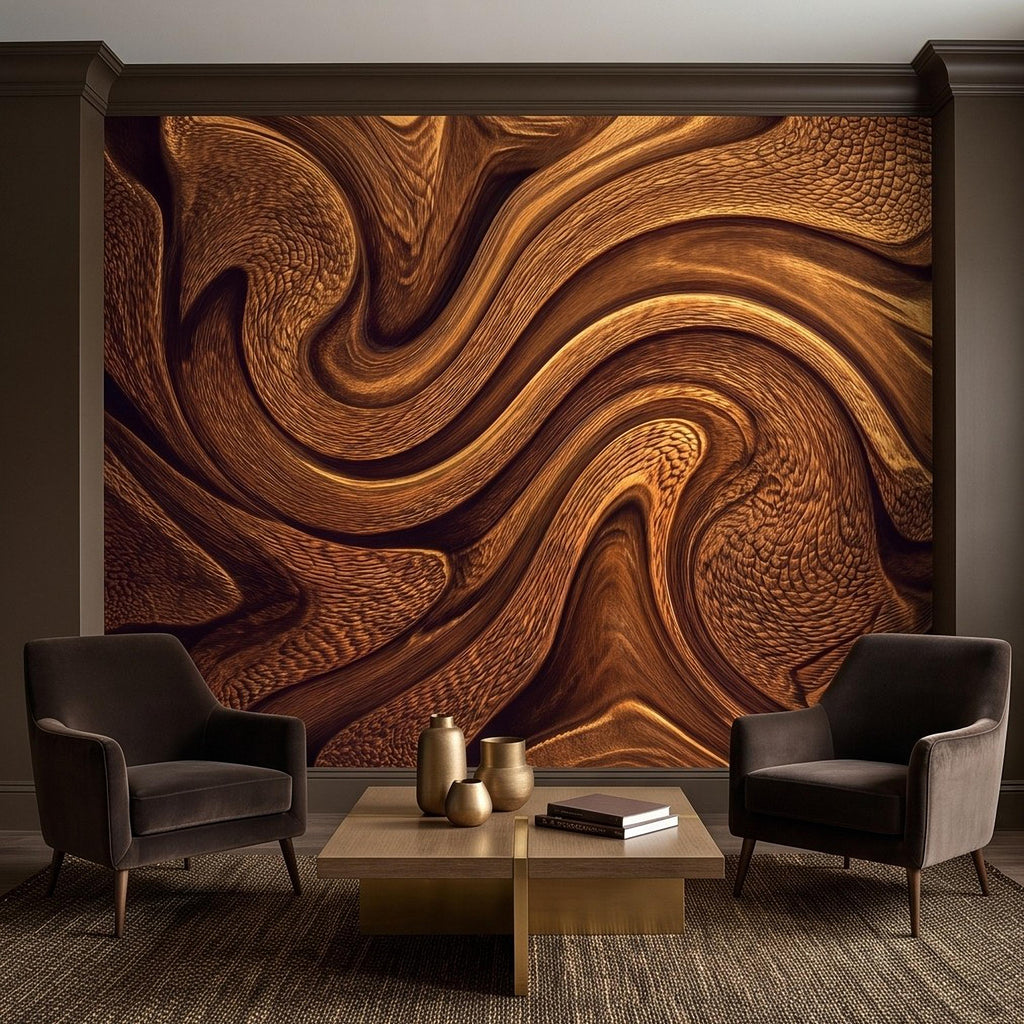 Abstract Wood Texture Peel and Stick Wall Mural, Flowing Sculptural Grain, Organic Timber Waves Contemporary Wallpaper