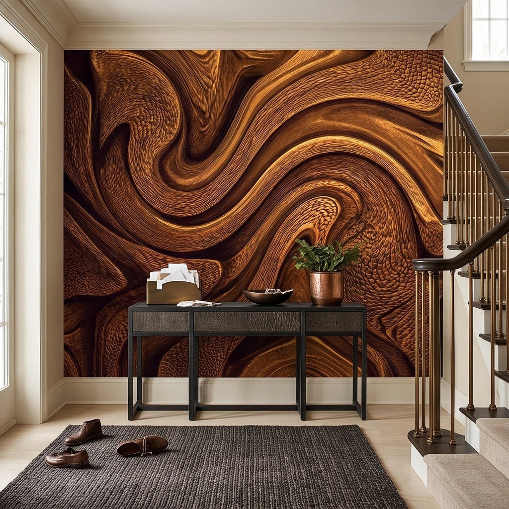 Abstract Wood Texture Peel and Stick Wall Mural, Flowing Sculptural Grain, Organic Timber Waves Contemporary Wallpaper