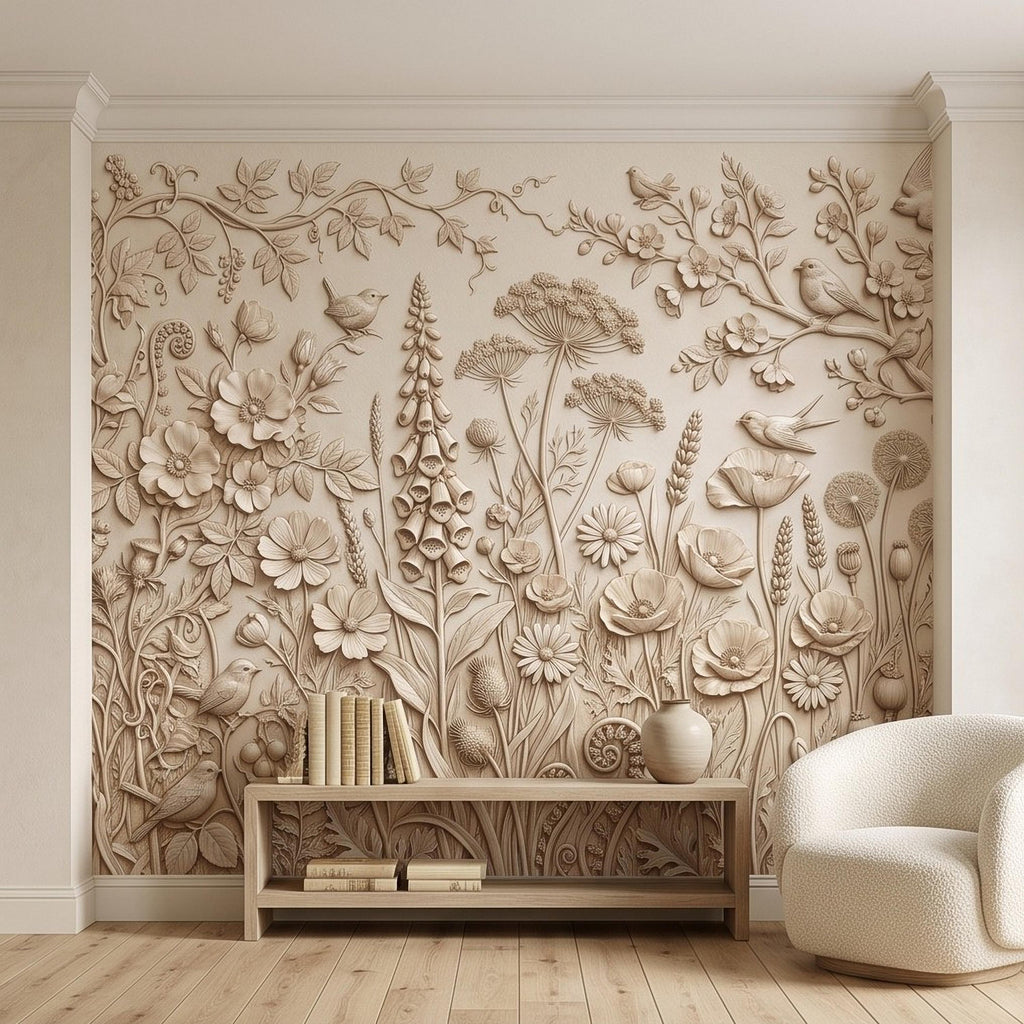 Wildflower Meadow Peel and Stick Wall Mural, Botanical Relief Birds Floral Garden Sculpted Plaster Look Warm Ivory Wallpaper