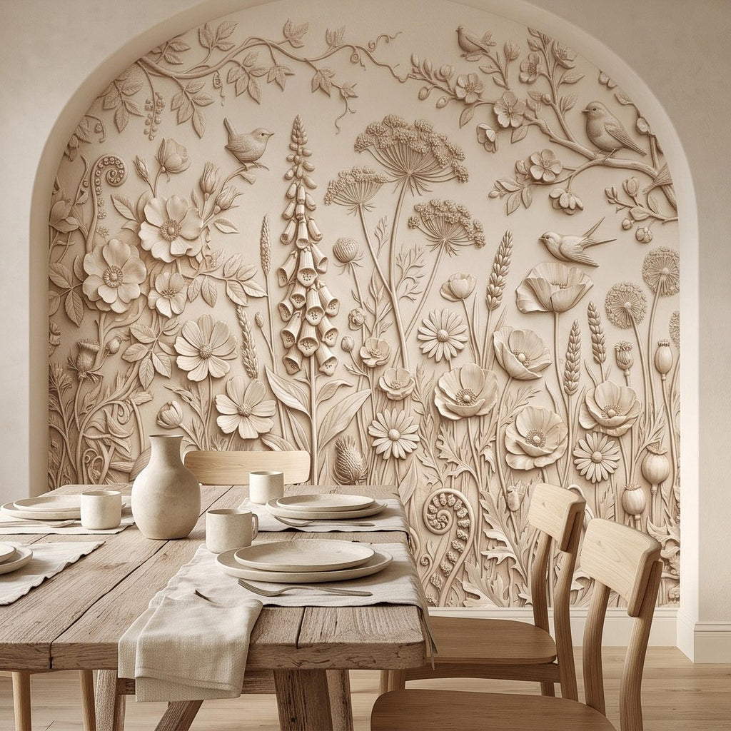 Wildflower Meadow Peel and Stick Wall Mural, Botanical Relief Birds Floral Garden Sculpted Plaster Look Warm Ivory Wallpaper