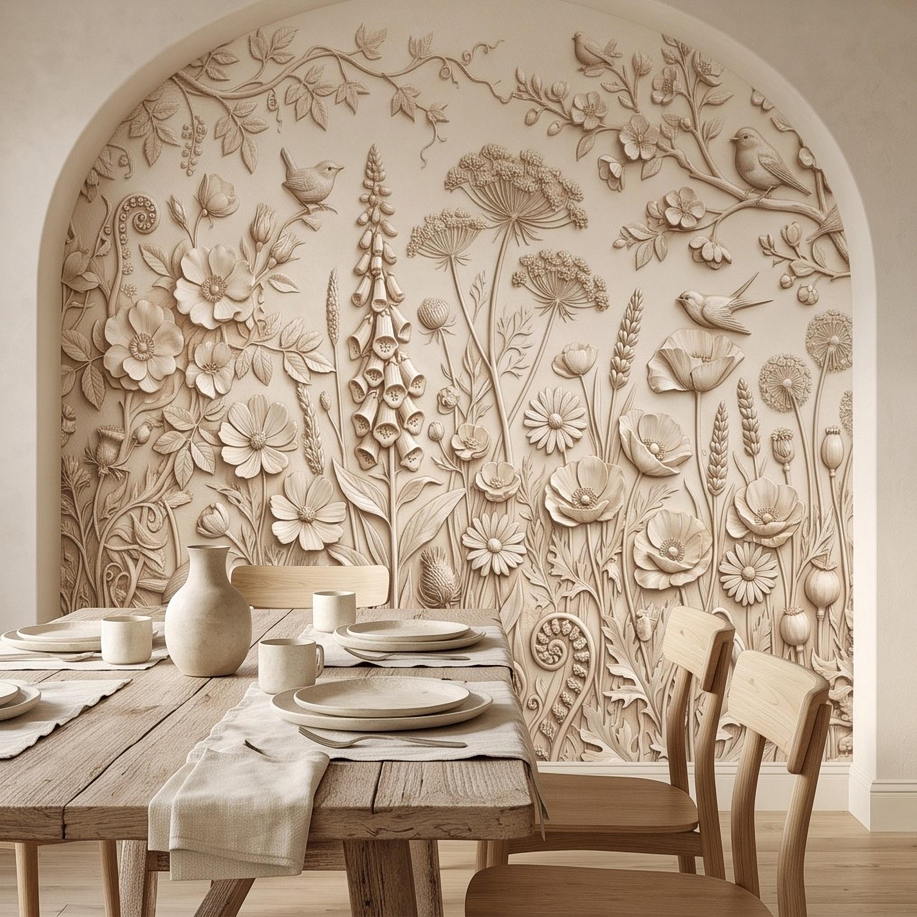 Wildflower Meadow Peel and Stick Wall Mural, Botanical Relief Birds Floral Garden Sculpted Plaster Look Warm Ivory Wallpaper