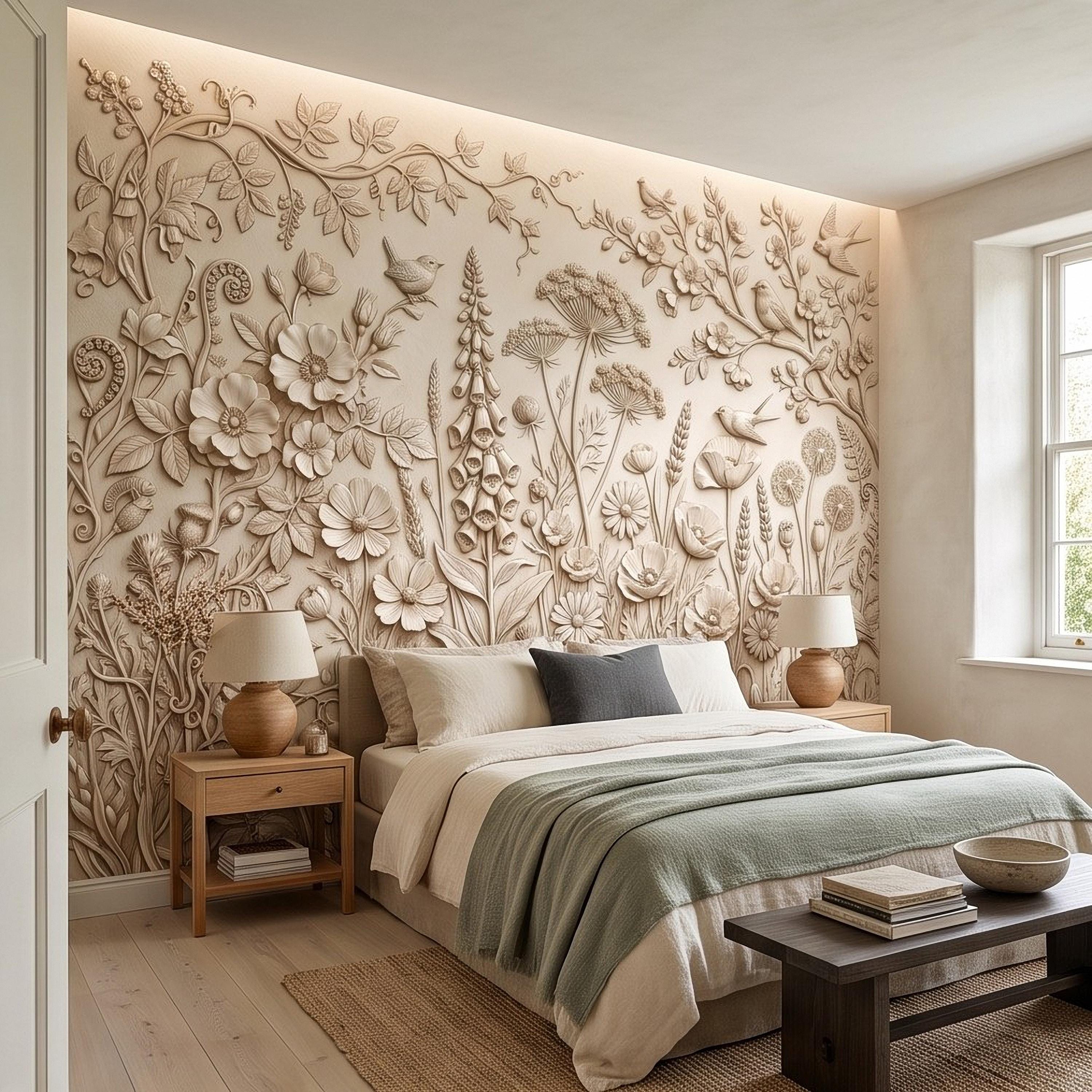Wildflower Meadow Peel and Stick Wall Mural, Botanical Relief Birds Floral Garden Sculpted Plaster Look Warm Ivory Wallpaper