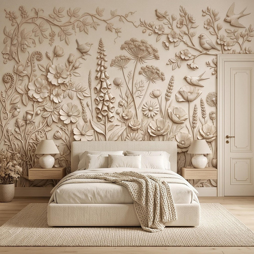 Wildflower Meadow Peel and Stick Wall Mural, Botanical Relief Birds Floral Garden Sculpted Plaster Look Warm Ivory Wallpaper