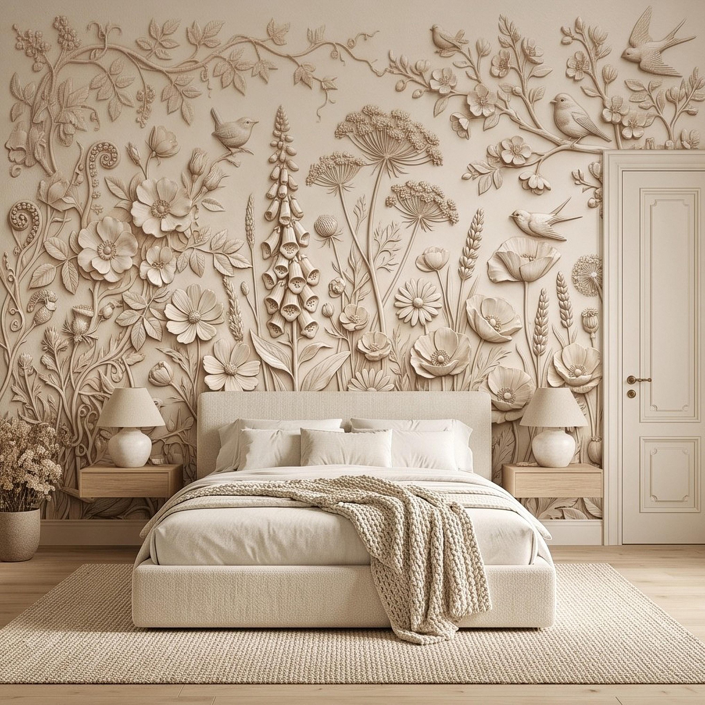 Wildflower Meadow Peel and Stick Wall Mural, Botanical Relief Birds Floral Garden Sculpted Plaster Look Warm Ivory Wallpaper