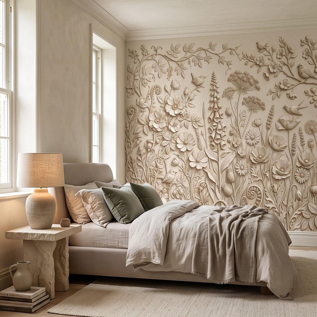 Wildflower Meadow Peel and Stick Wall Mural, Botanical Relief Birds Floral Garden Sculpted Plaster Look Warm Ivory Wallpaper