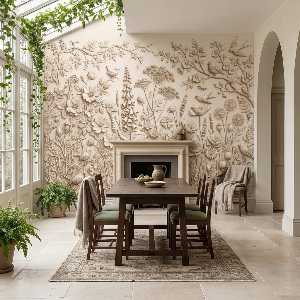 Wildflower Meadow Peel and Stick Wall Mural, Botanical Relief Birds Floral Garden Sculpted Plaster Look Warm Ivory Wallpaper