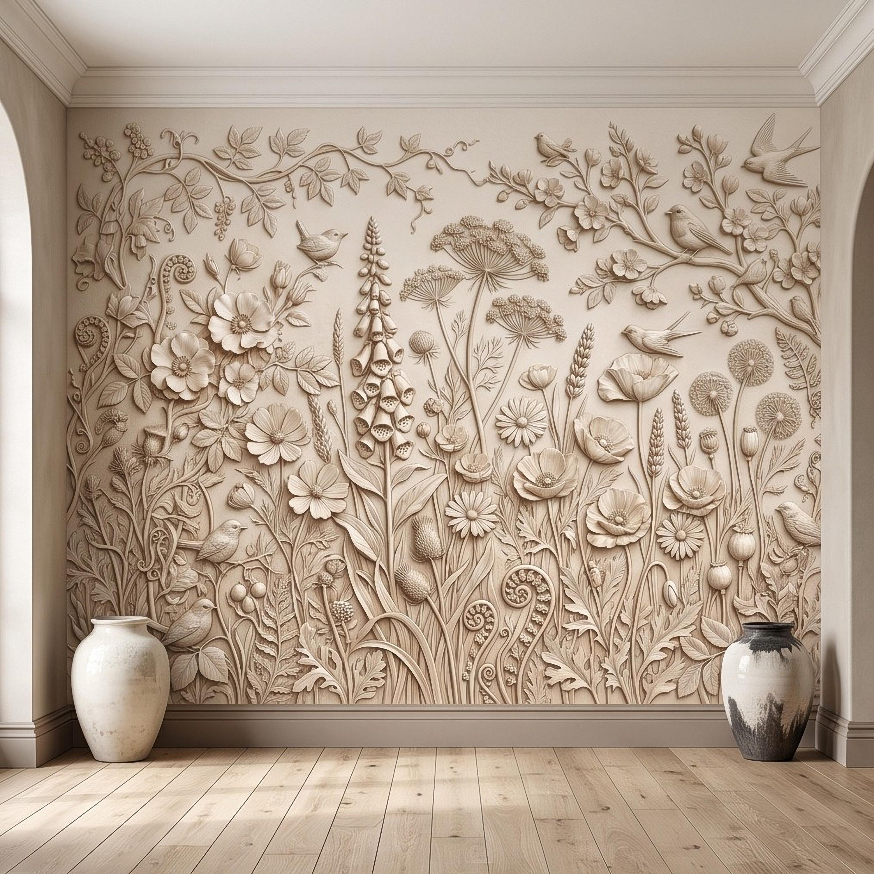 Wildflower Meadow Peel and Stick Wall Mural, Botanical Relief Birds Floral Garden Sculpted Plaster Look Warm Ivory Wallpaper