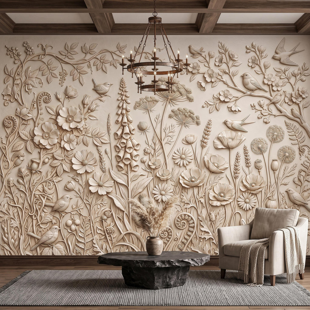 Wildflower Meadow Peel and Stick Wall Mural, Botanical Relief Birds Floral Garden Sculpted Plaster Look Warm Ivory Wallpaper