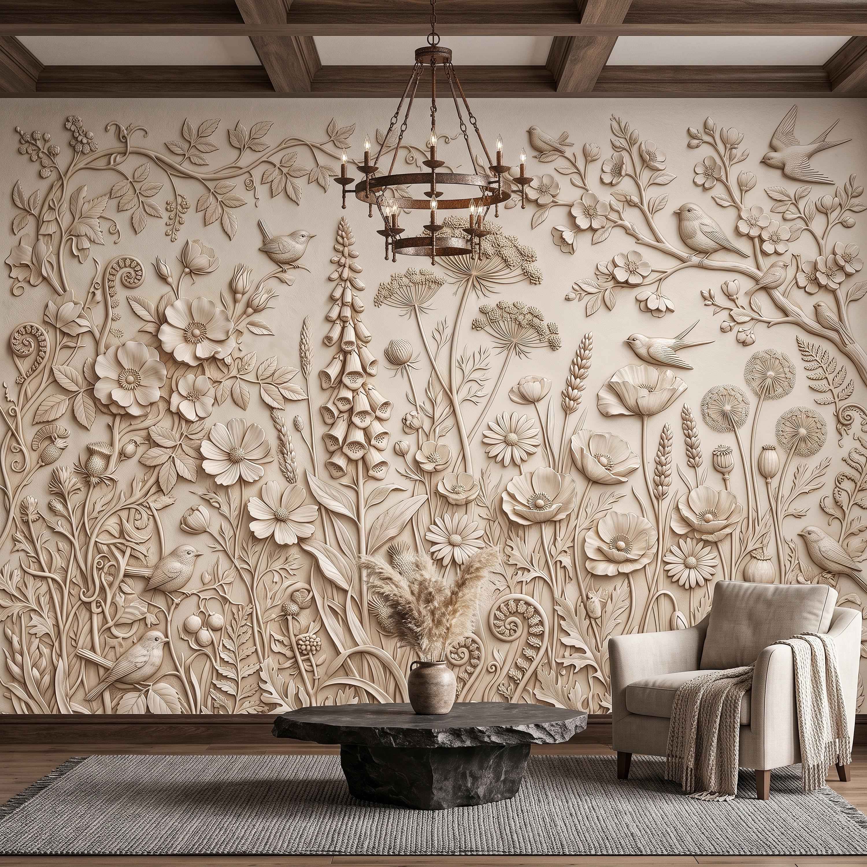 Wildflower Meadow Peel and Stick Wall Mural, Botanical Relief Birds Floral Garden Sculpted Plaster Look Warm Ivory Wallpaper