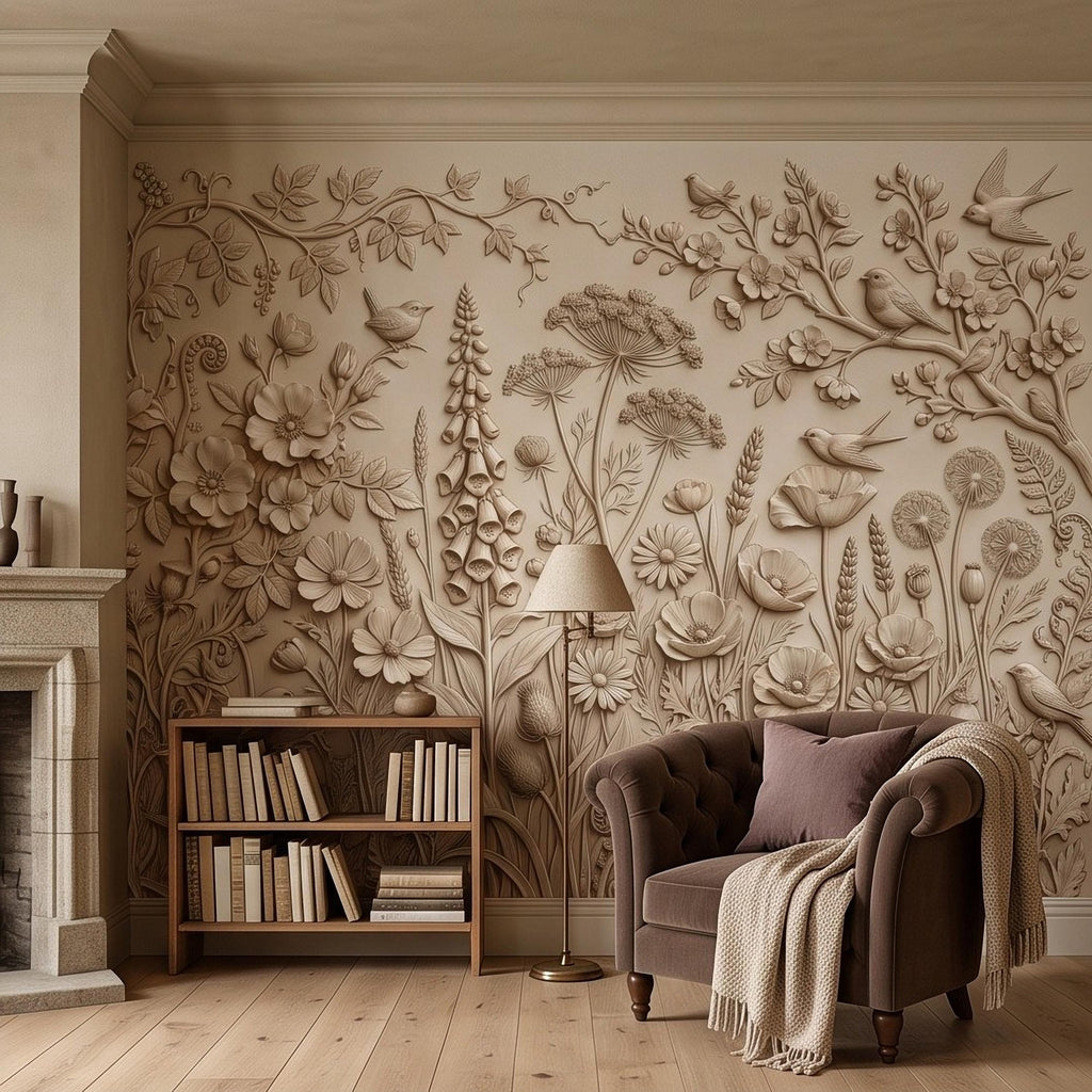 Wildflower Meadow Peel and Stick Wall Mural, Botanical Relief Birds Floral Garden Sculpted Plaster Look Warm Ivory Wallpaper