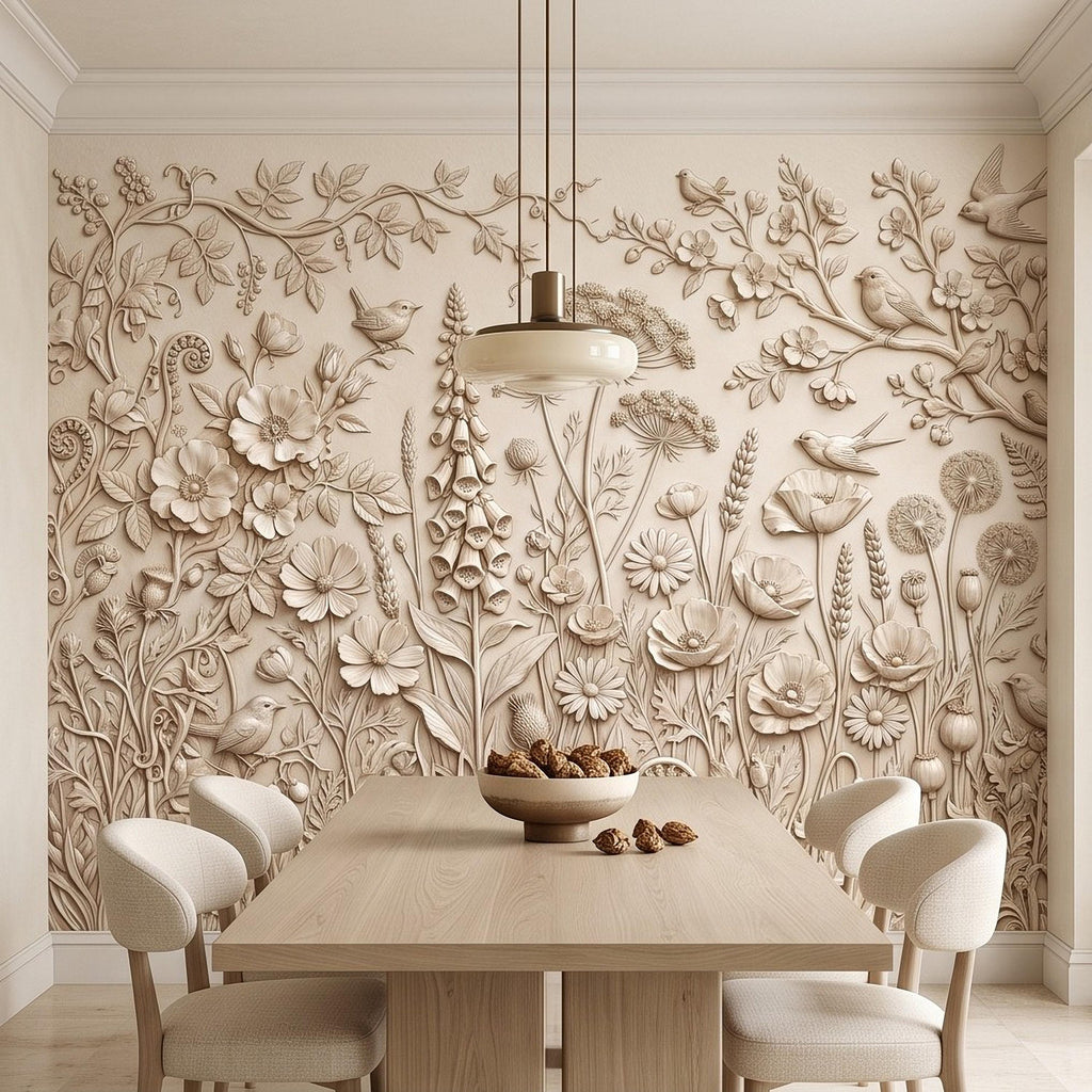 Wildflower Meadow Peel and Stick Wall Mural, Botanical Relief Birds Floral Garden Sculpted Plaster Look Warm Ivory Wallpaper